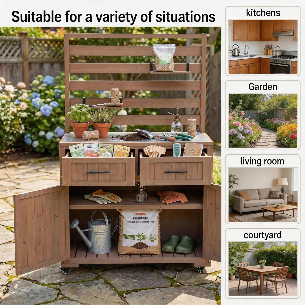Outdoor Potting Bench with Storage Shelf and Cabinet, 65 in | Fir wood, 3-tier shelves, storage compartments, enclosed cabinet, anti-fall devices, garden, 47.2 W x 22.8 D x 65 H in