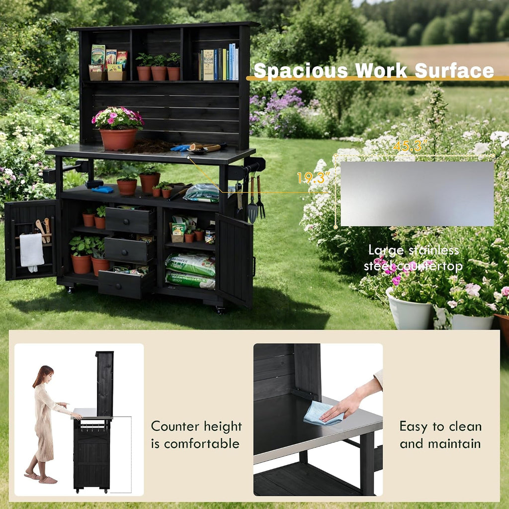 Outdoor Garden Potting Bench, Table Work Bench Metal Tabletop with Potting Bench Table Large Outdoor Kitchen Island Prep Station Cabinet Drawer Open Shelf Natural Wood (Black)