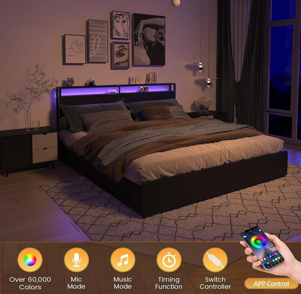 Bellemave King Size Bed Frame with 4 Storage Drawers and Charging, King Size Bed Frame with Headboard and Charging Station and with Led Lightstation, No Box Spring Needed, (King, Black)