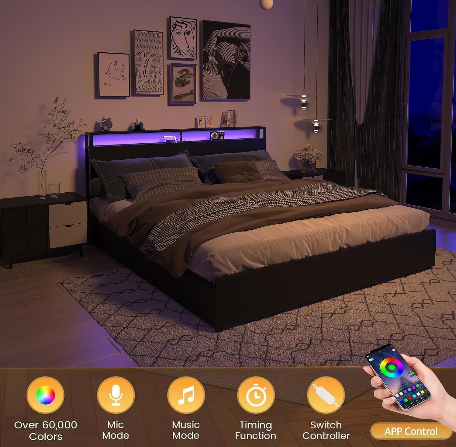 Bellemave King Size Bed Frame with 4 Storage Drawers and Charging, King Size Bed Frame with Headboard and Charging Station and with Led Lightstation, No Box Spring Needed, (King, Black)