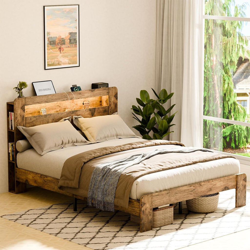 Zevemomo Wood Bed Frame King with Headboard, LED Light, Charging Station with 2 USB Ports & 2 AC Outlets, Sturdy Wood Framework, No Noise, Dark Brown (Rectangular Slot)