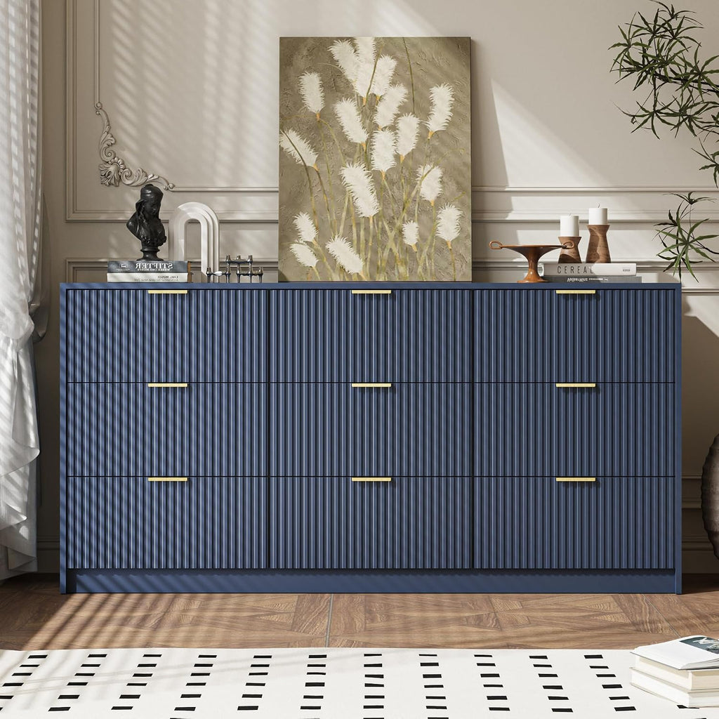 MAISONARIA Navy 9 Drawer Dresser for Bedroom, 63' Wide Modern Fluted Dresser with Gold Metal Handles, Chest of Drawers for Bedroom, Living Room, Entryway, Hallway