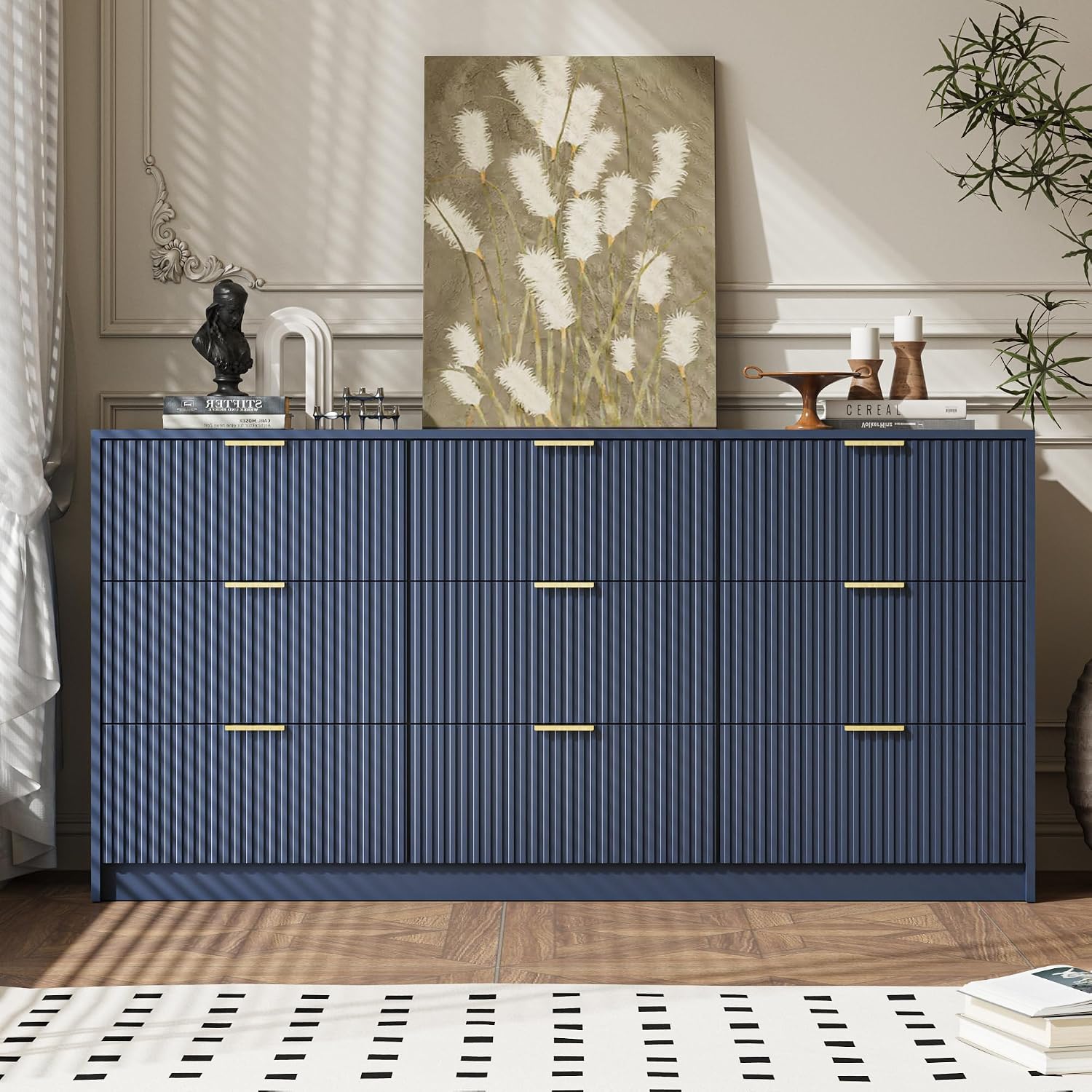 MAISONARIA Navy 9 Drawer Dresser for Bedroom, 63' Wide Modern Fluted Dresser with Gold Metal Handles, Chest of Drawers for Bedroom, Living Room, Entryway, Hallway