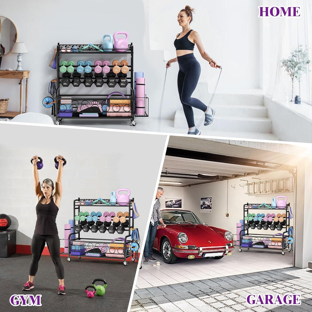 Dumbbell Rack, VOPEAK Adjustable Weight Rack for Home Gym, Home Gym Storage Rack for Yoga Mat Kettlebells and Strength Training Equipment, Weight Storage Rack for Dumbbells with Wheels