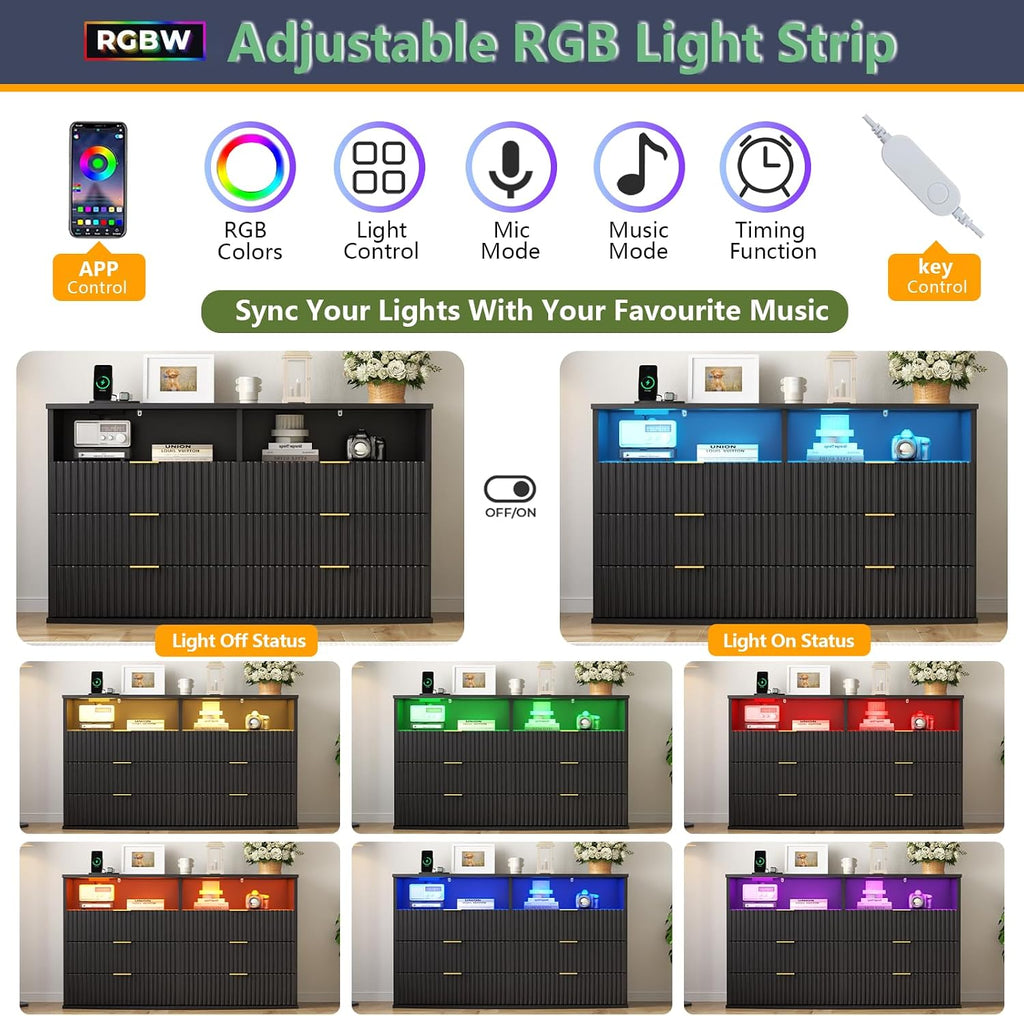 Gyfimoie Fluted 6 Drawer Dresser with LED Lights, Modern Black Chest of Drawers with Power Outlet & Curved Top, Wood Dresser TV Stand, Black Double Dresser for Bedroom, Living Room, Hallway