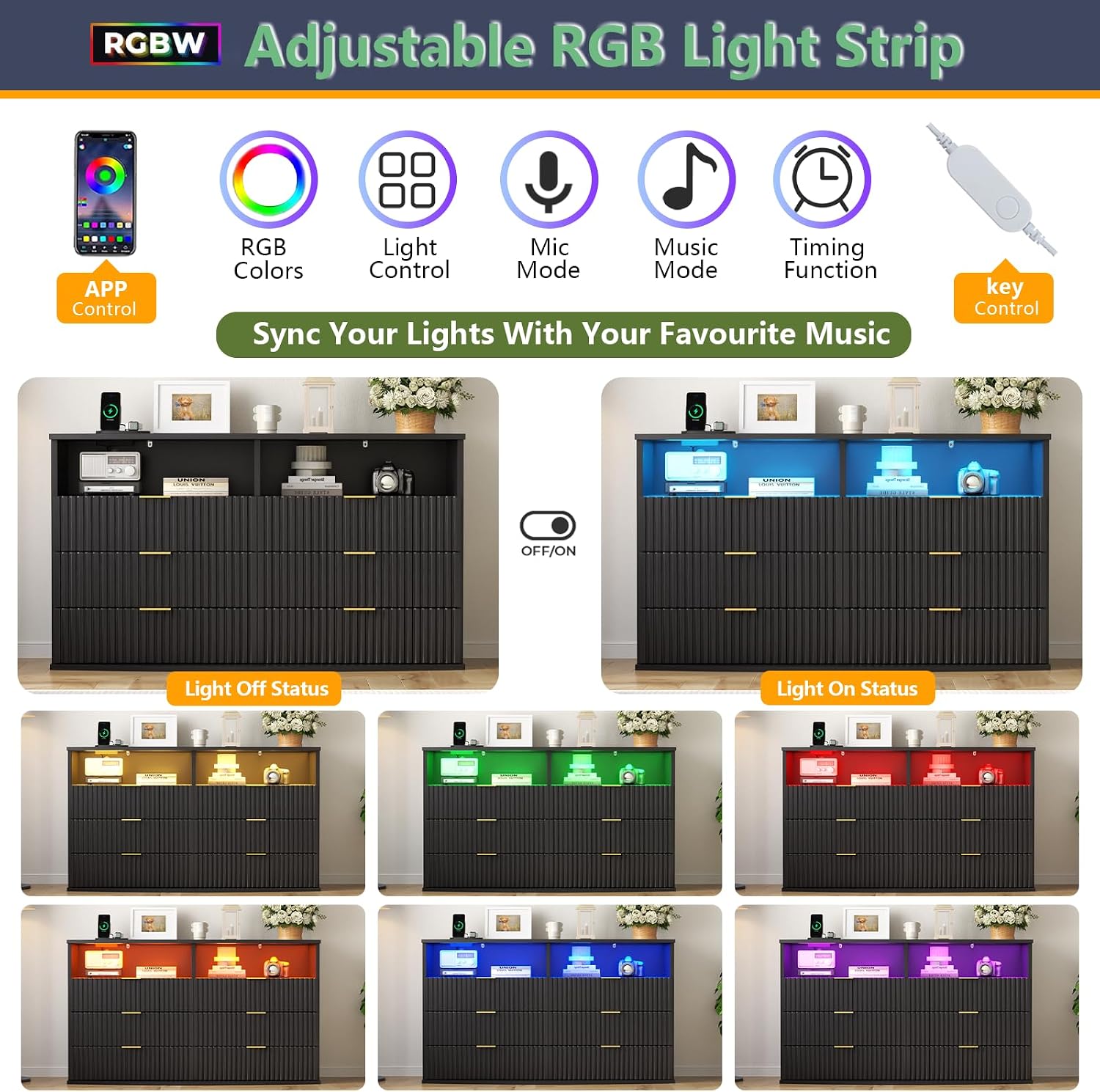 Gyfimoie Fluted 6 Drawer Dresser with LED Lights, Modern Black Chest of Drawers with Power Outlet & Curved Top, Wood Dresser TV Stand, Black Double Dresser for Bedroom, Living Room, Hallway