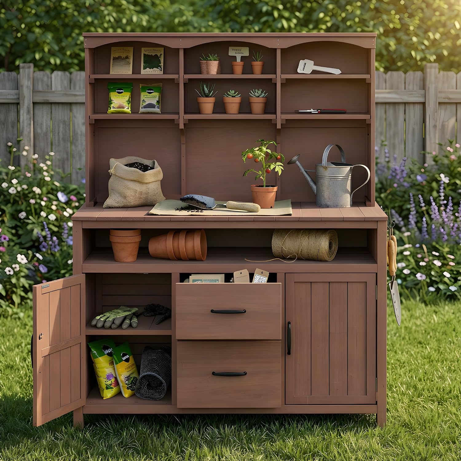 Outdoor Potting Bench Table with Large Countertop and Hutch, Freestanding Garden Workstation with Cabinets, Drawers and Hooks for Backyard (Brown)