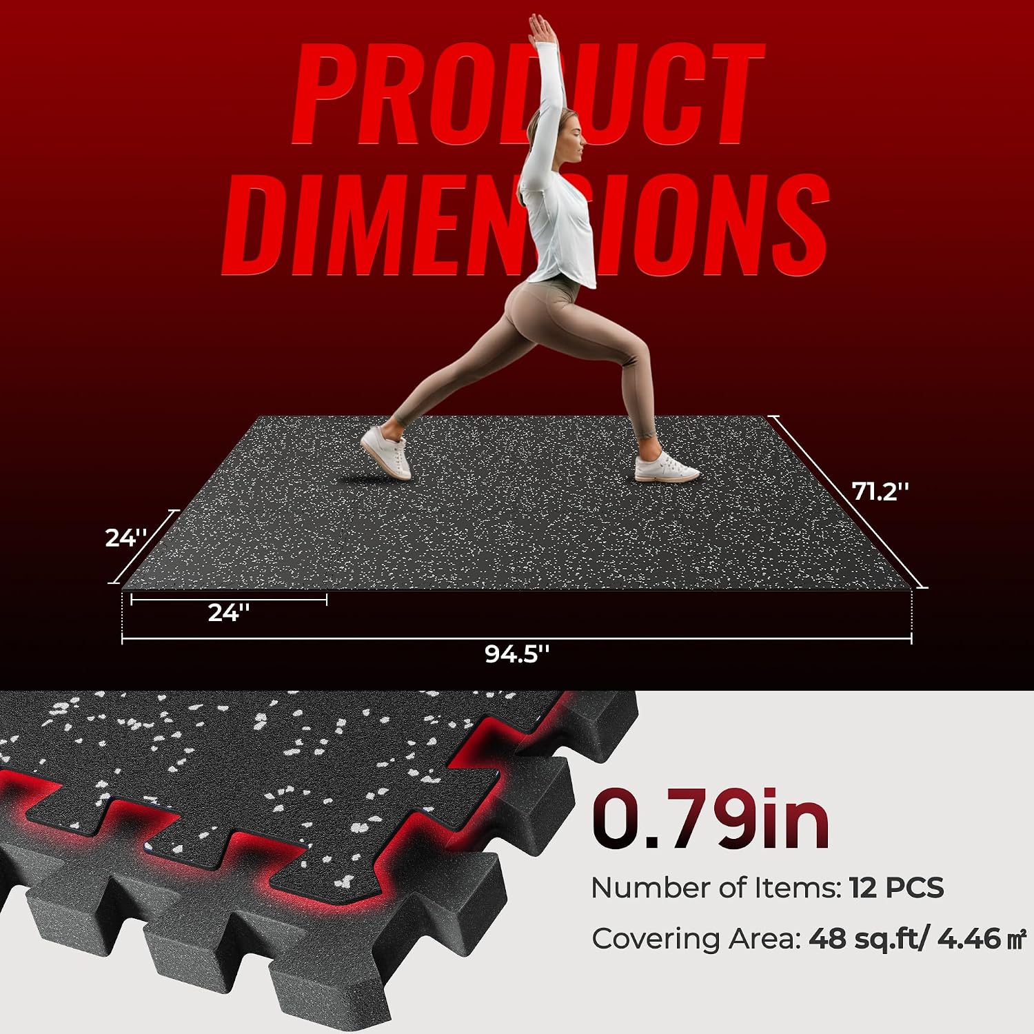 SUPERJARE 0.79'' Extra-Thick Exercise Equipment Mats, 12 Pcs 48 Sq Ft Rubber Top Floor Tiles with High Density EVA Foam, Interlocking Gym Flooring for Home Gym, Workout Mat, Black/Grey