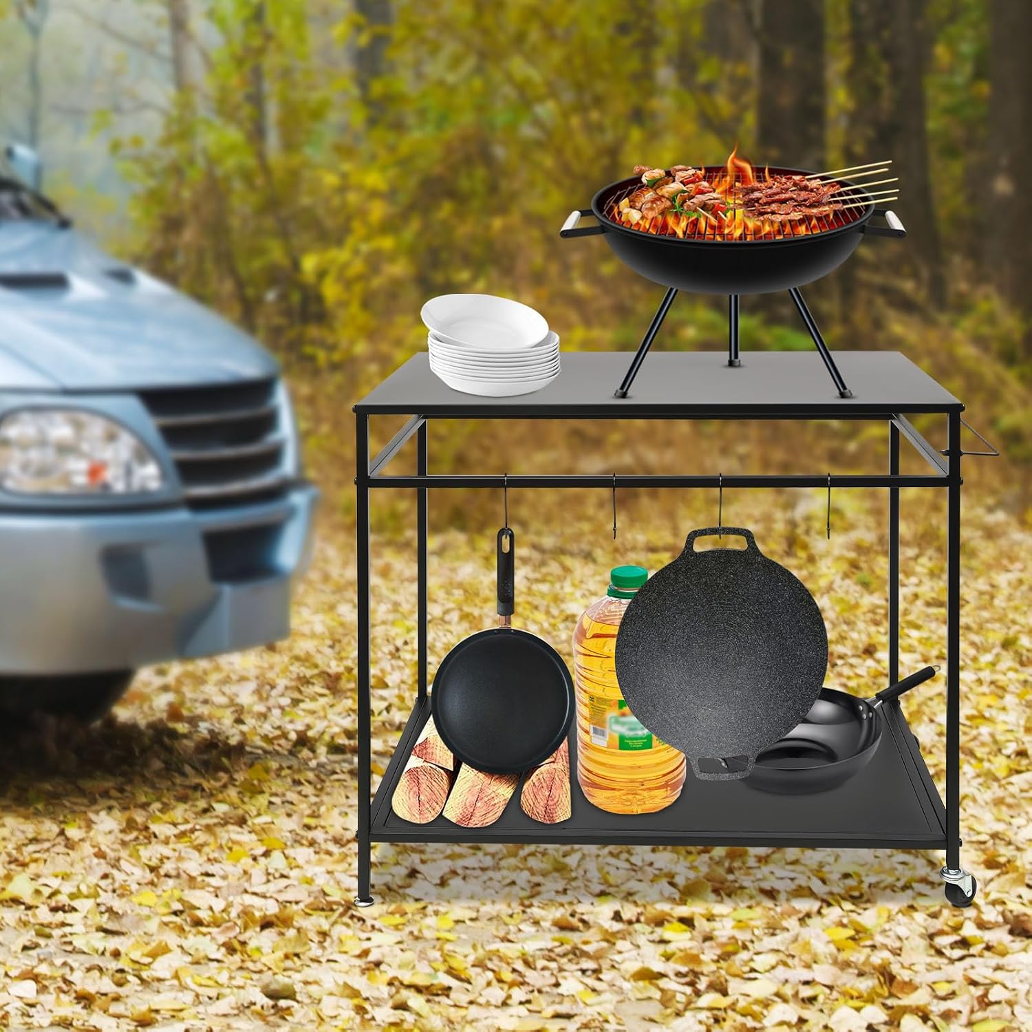 Grill Cart, 2Tier Stainless Steel Movable Food Prep Table, Black | Double Wide Shelves 4 Hanging Hooks Maximize Outdoor Cooking Storage Room