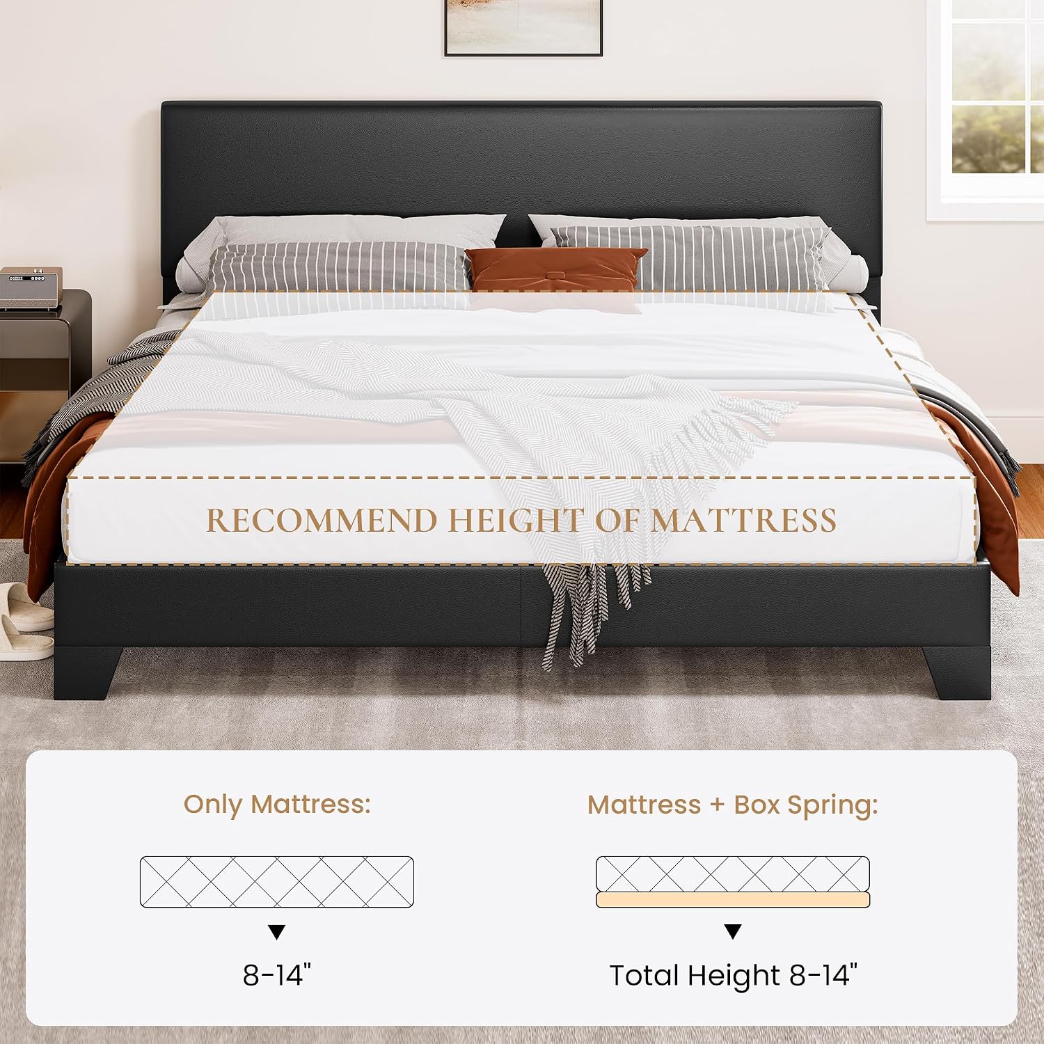 SHA CERLIN Black King Platform Upholstered Bed Frame with Faux Leather Adjustable Headboard,Wood Slats Support, No Box Spring Needed, Easy Assembly, Easy Clean Up