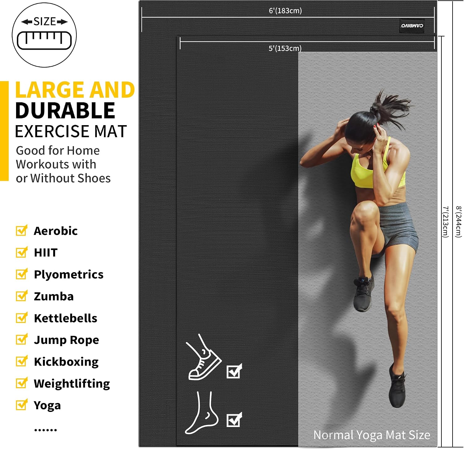 CAMBIVO Large Exercise Mat for Home Workout, 8'x6'/7'x5'/6'x4' (7 mm) Extra Thick Exercise Mat for Home Gym, Shoe-Friendly, Non-Slip Gym Mat for Jump Rope, Weights, Cardio, Fitness