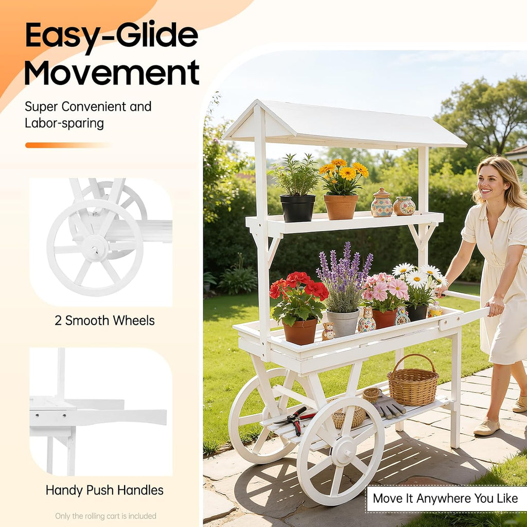 Large Country Market Wooden Rolling Table Cart, Antique Solid Wood Decor Display Rack Cart with Wheels, Rolling Table Carts for Display Various Flowers and Candy (White)
