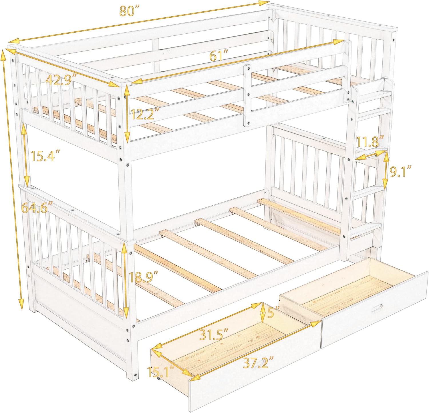 Merax Twin-Over-Twin Bunk Bed with Two Storage Drawers, Solid Wood Twin Size Bunk Bed with Guardrial and Removble Ladder, Can be Converted Into 2 Separate Beds, Espresso