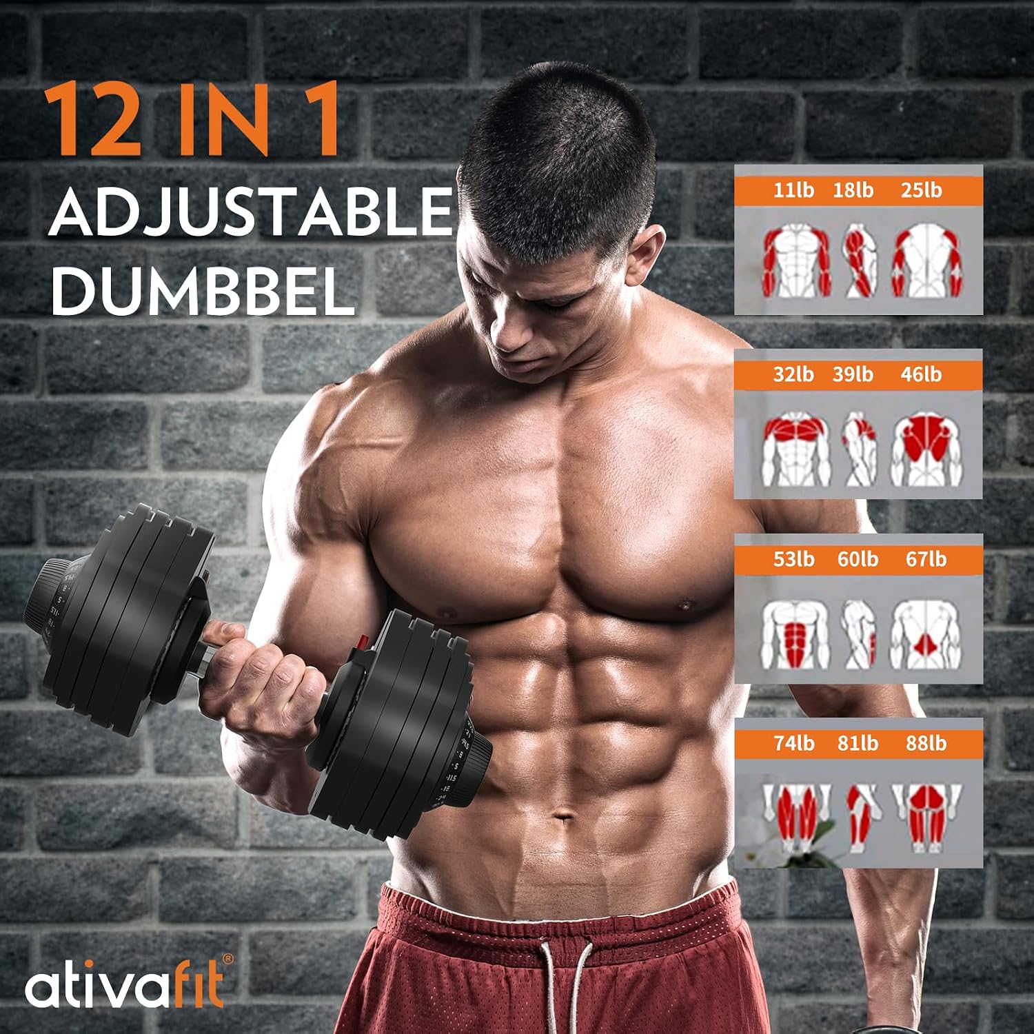 ATIVAFIT Adjustable Dumbbells Set of 2, 5–88LB Quick Adjust Free Weights with Double Safety Lock & Anti-Slip Steel Handle, Space Saving Home Gym Equipment for Full Body Strength Training