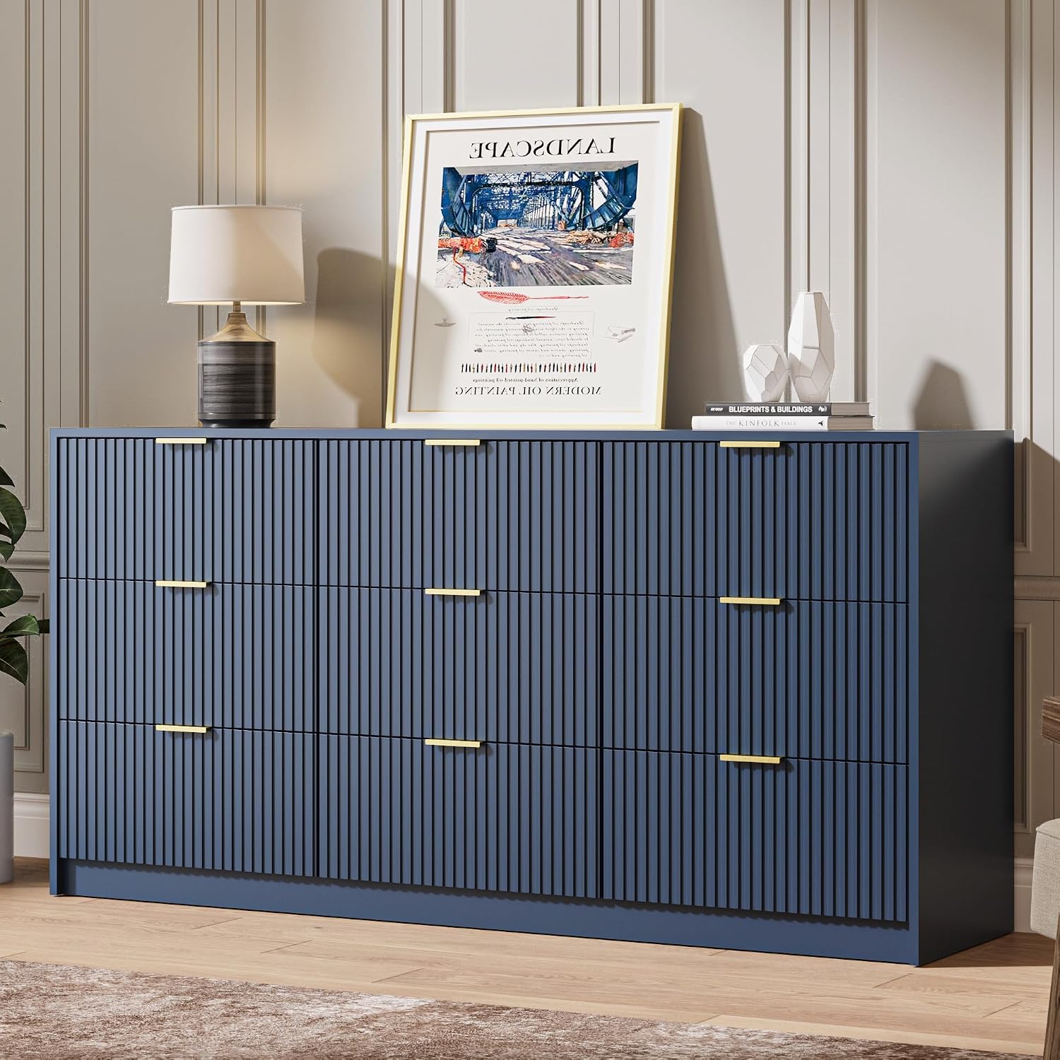 MAISONARIA Navy 9 Drawer Dresser for Bedroom, 63' Wide Modern Fluted Dresser with Gold Metal Handles, Chest of Drawers for Bedroom, Living Room, Entryway, Hallway