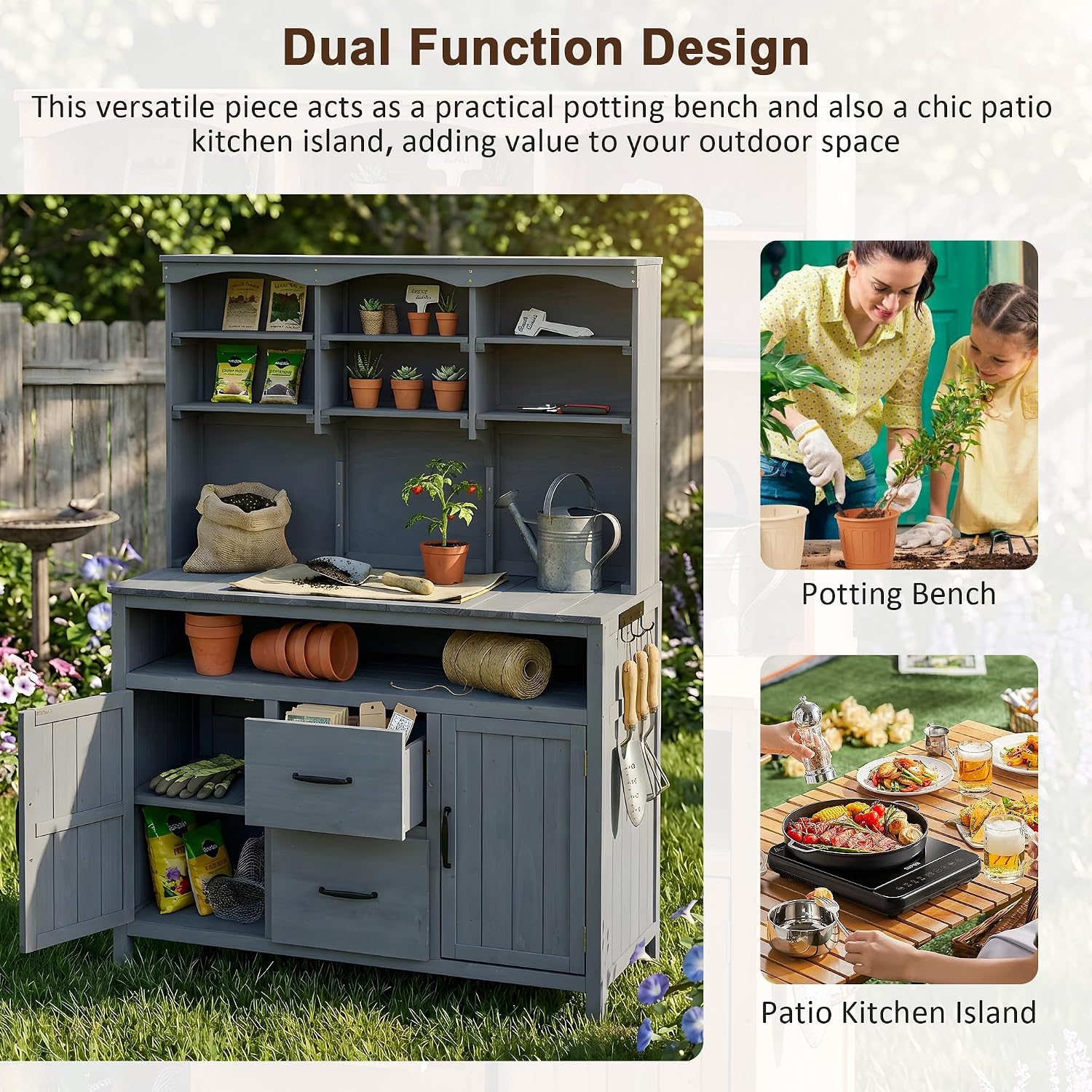 Polibi Large Fir Wood Potting Bench 45.3' Outdoor Patio Kitchen Island with Hutch, Cabinets, Drawers & Hooks, Multi-Functional Gardening Workbench for Grill, Gray
