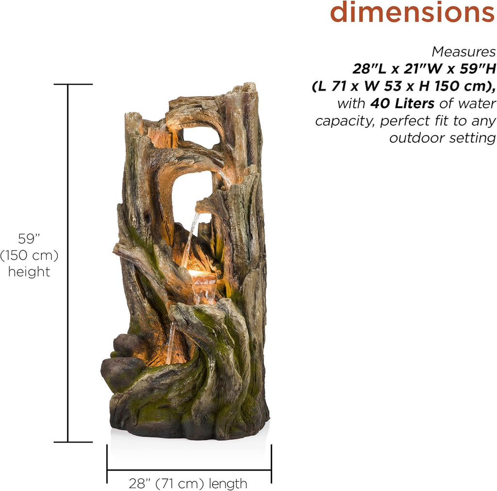 Alpine Corporation WIN1520 59' Indoor/Outdoor Floor 5-Tiered Tree Bark Water Fountain, Cascading Mossy Wood Waterfall Feature for Garden, Patio, and Yard, Brown