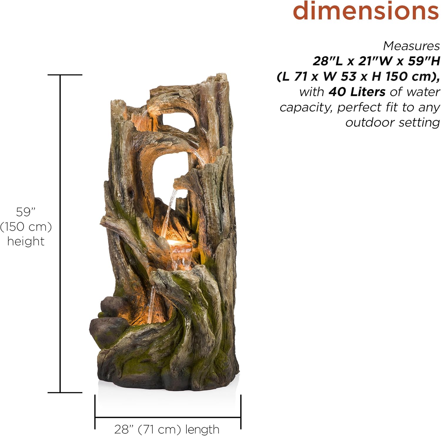 Alpine Corporation WIN1520 59' Indoor/Outdoor Floor 5-Tiered Tree Bark Water Fountain, Cascading Mossy Wood Waterfall Feature for Garden, Patio, and Yard, Brown