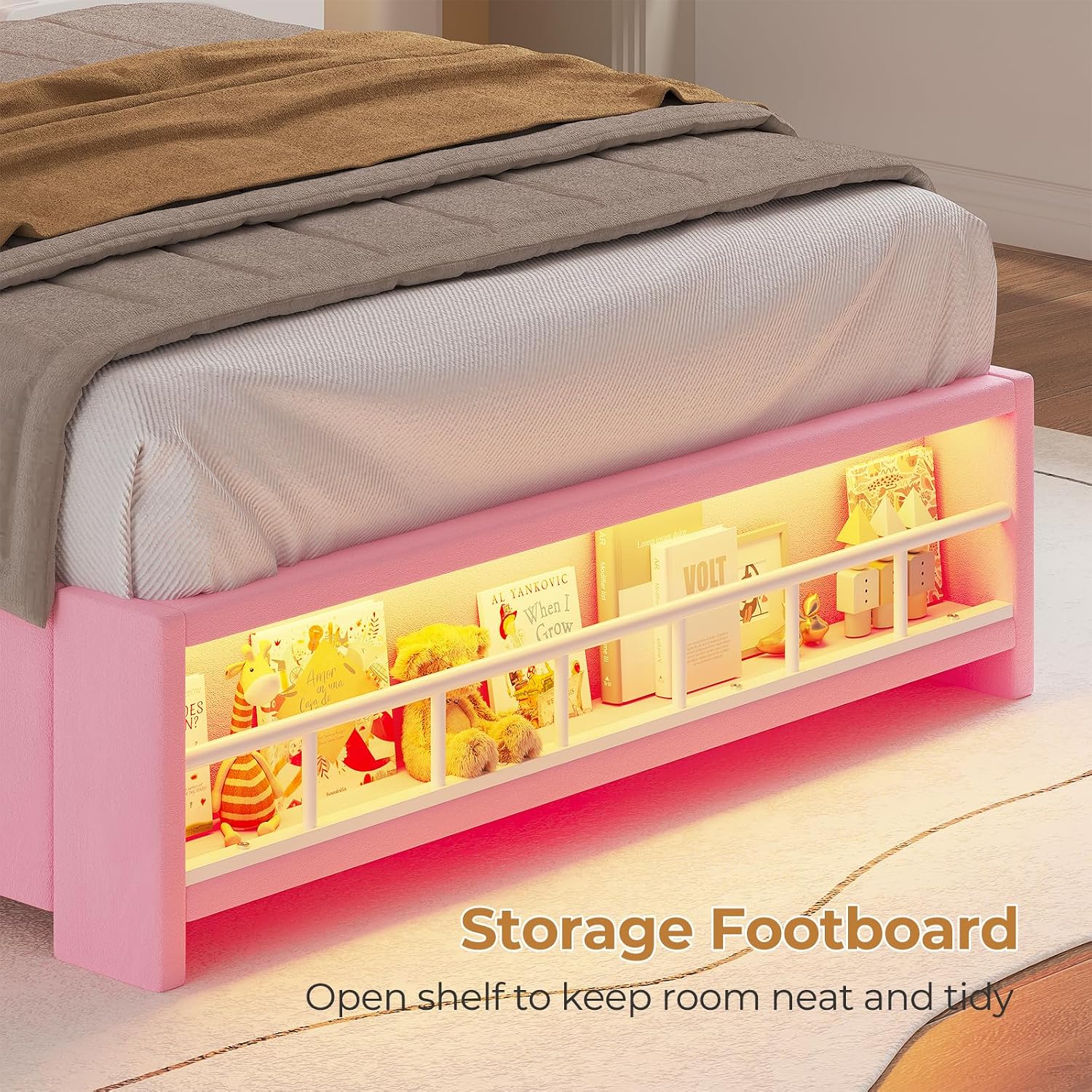 HAUOMS Twin Size Bed Frame with LED Lights & 4 Drawers, Princess Velvet Upholstered Platform Bed for Girls, Headboard with Charging Station & Guardrail & Crystal Button, No Box Spring Needed, Pink