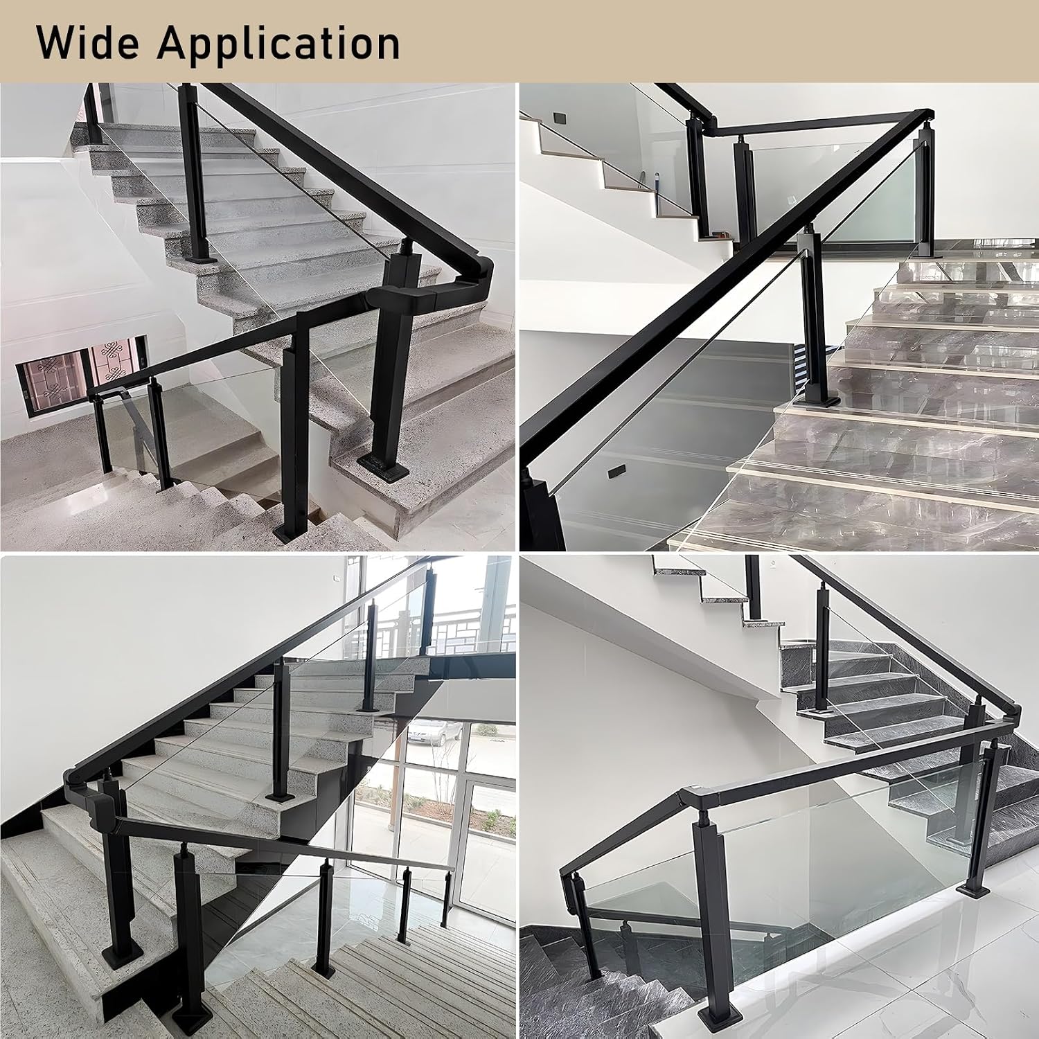 Stairs Railing Post for Square Handrail, Glass Railing Post System for 10mm 12mm Toughened Glass, Stair Landing Entryway Gate Glass Black Railing Posts(Black End Post,65cm/25.5in)