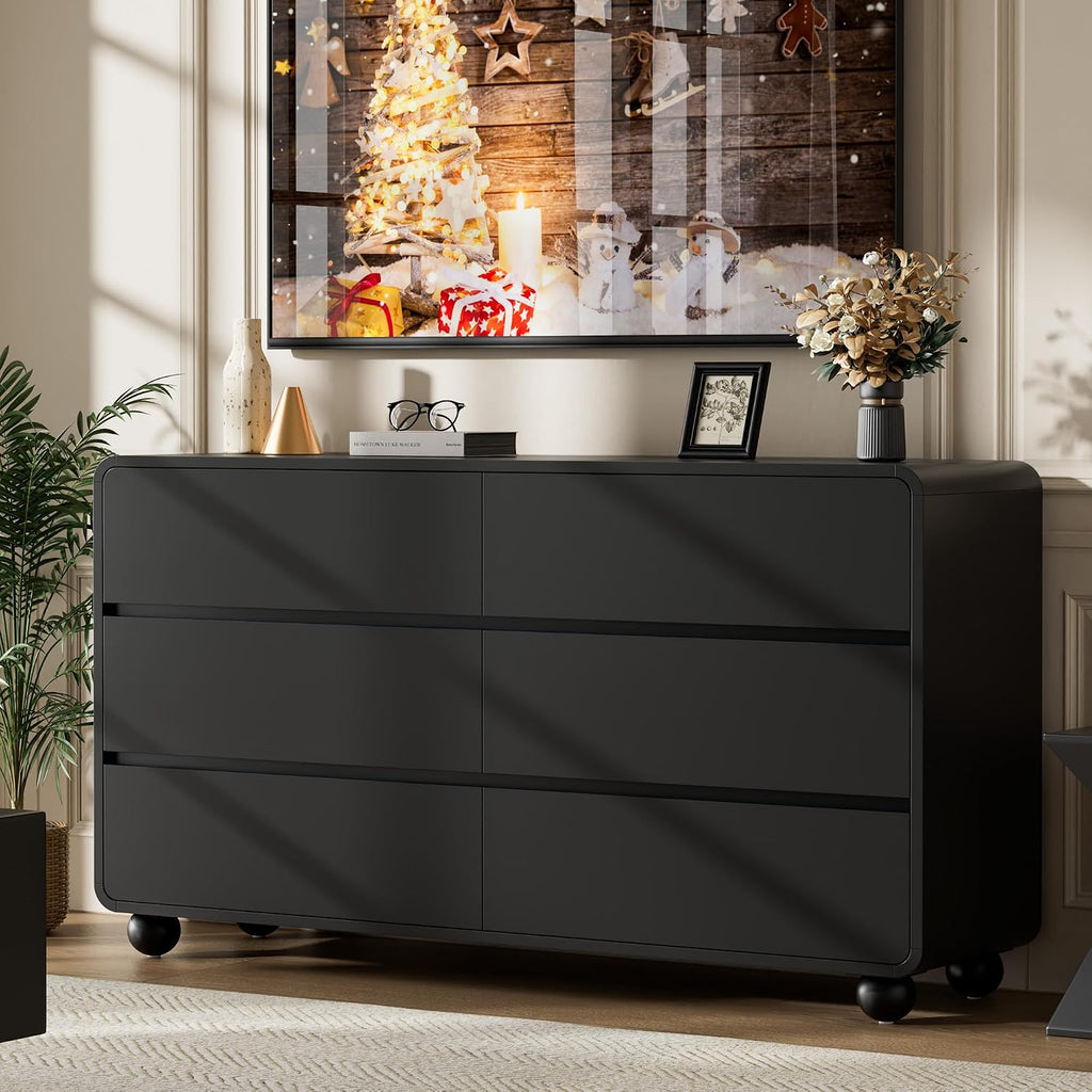 Lulive Wood Dresser for Bedroom, 53' Wide Chest of Drawers with 6 Drawers, Modern Closet Storage Drawer with Curved Profile Design for Living Room, Hallway, Entryway, Black