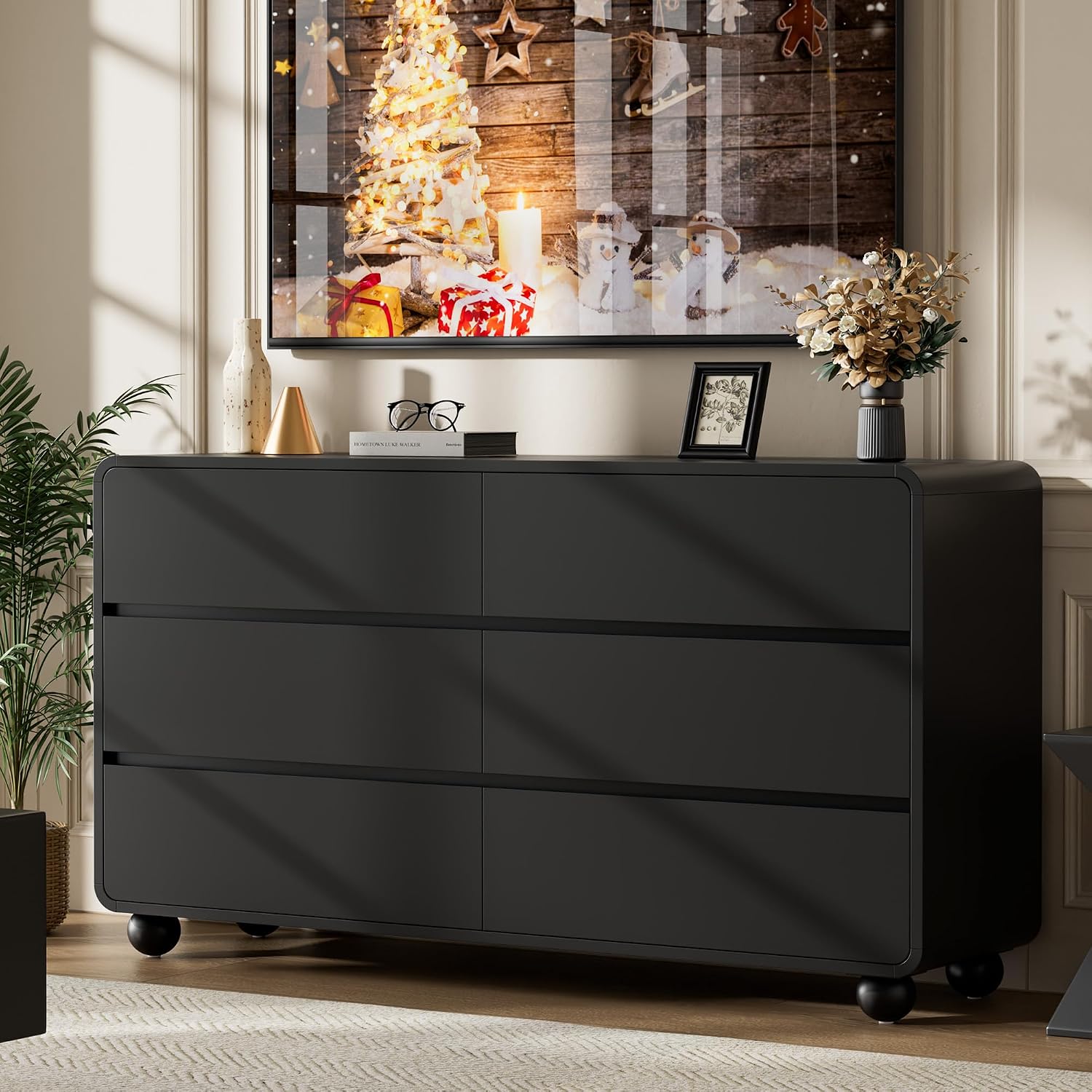 Lulive Wood Dresser for Bedroom, 53' Wide Chest of Drawers with 6 Drawers, Modern Closet Storage Drawer with Curved Profile Design for Living Room, Hallway, Entryway, Black