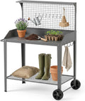 DDK Outdoor Metal Potting Bench with Wheels & Hooks, Wire Rack, Dark Gray | Rustproof Metal, Raised-Edge Worktop, Trellis Top Shelf, 4 Side Hooks, Wire Bottom Shelf