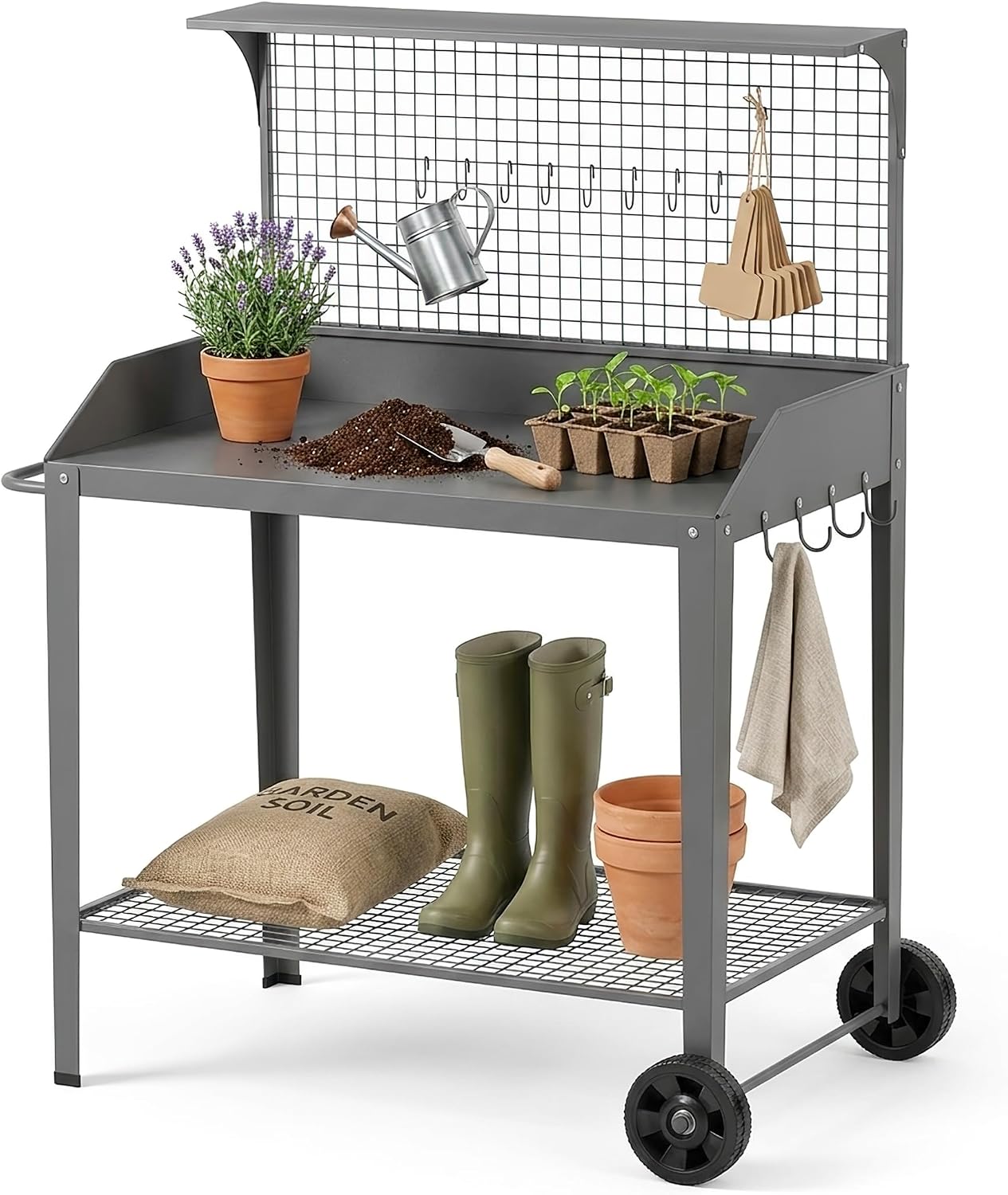 DDK Outdoor Metal Potting Bench with Wheels & Hooks, Wire Rack, Dark Gray | Rustproof Metal, Raised-Edge Worktop, Trellis Top Shelf, 4 Side Hooks, Wire Bottom Shelf