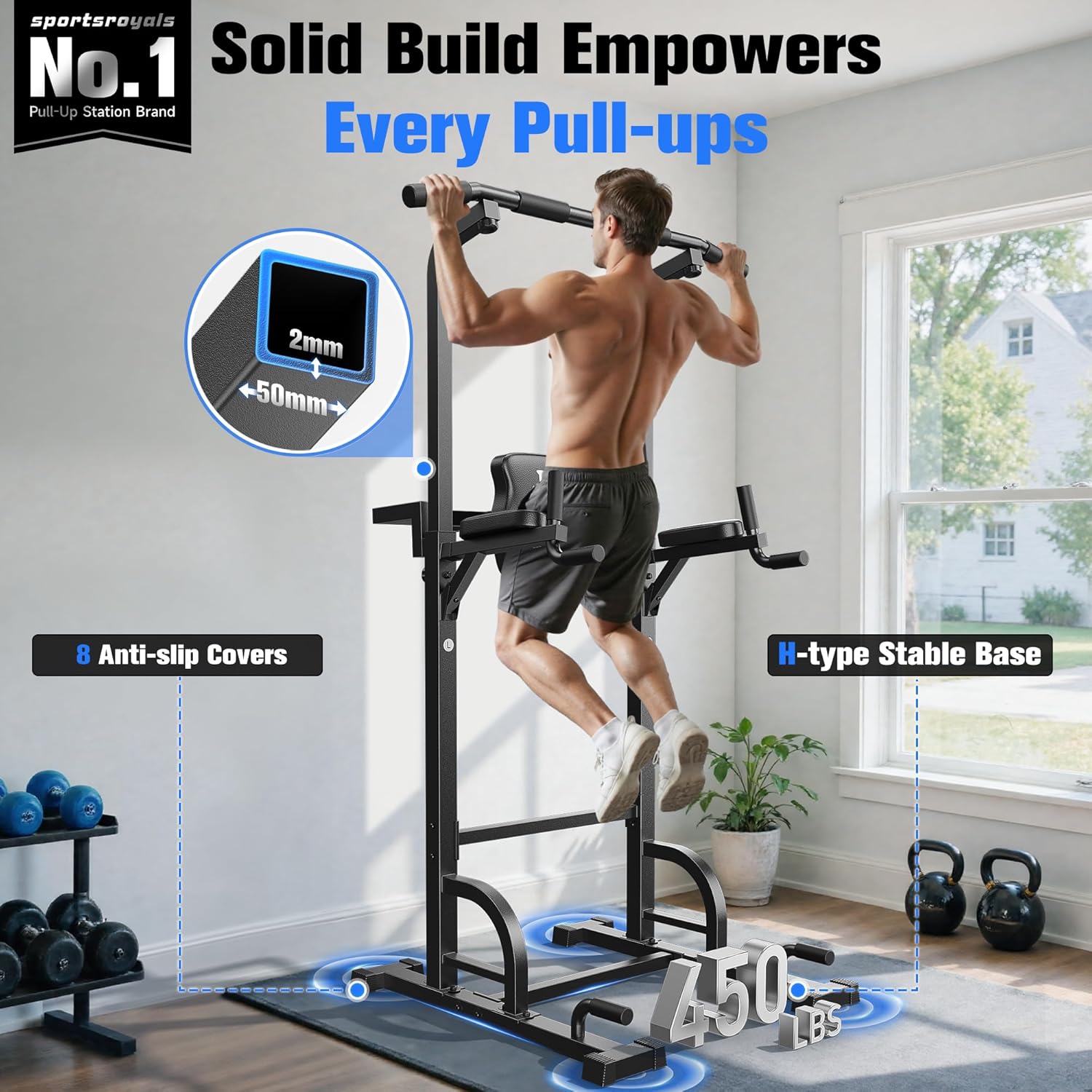Sportsroyals Power Tower Pull Up Bar Station, 450LBS Stable Pull Up Dip Station for Home Gym Strength Training Equipment | FED Fitness