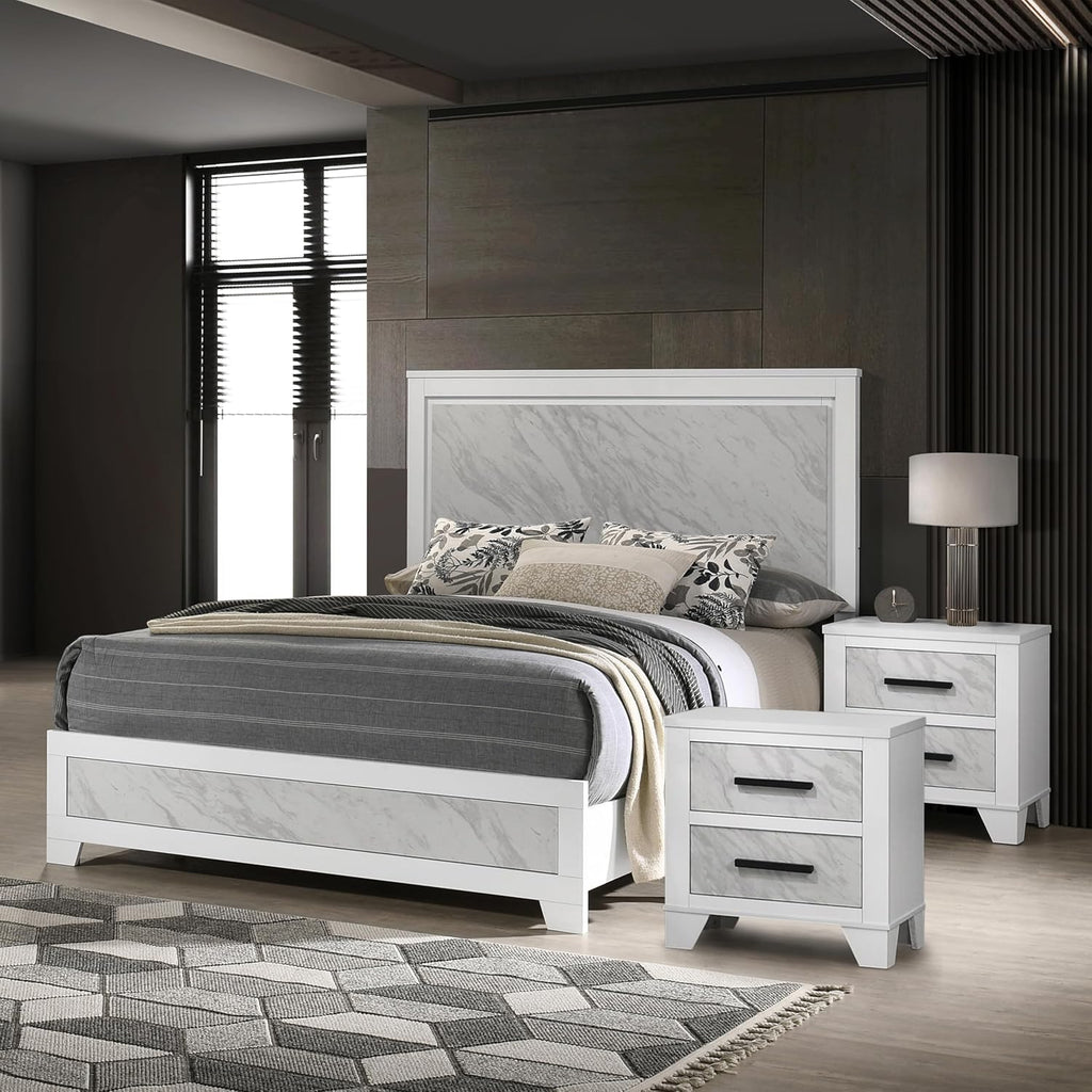Furniture of America Anton Modern Solid Wood 3-Piece Bedroom Set with Faux Marble Headboard Bed, Metal Center Glide on Nightstands, Box Spring Needed for Bedroom, Guest Room, King, White