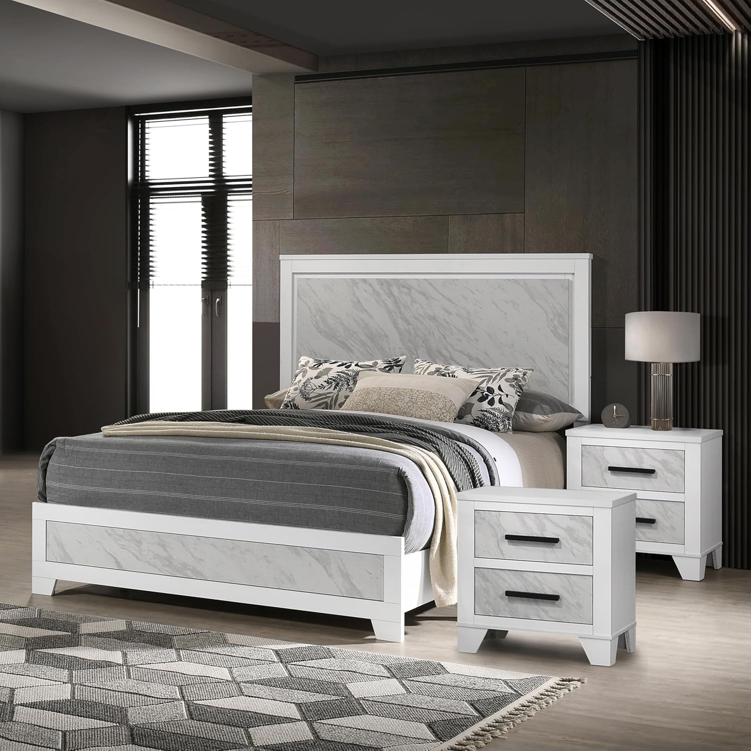 Furniture of America Anton Modern Solid Wood 3-Piece Bedroom Set with Faux Marble Headboard Bed, Metal Center Glide on Nightstands, Box Spring Needed for Bedroom, Guest Room, King, White