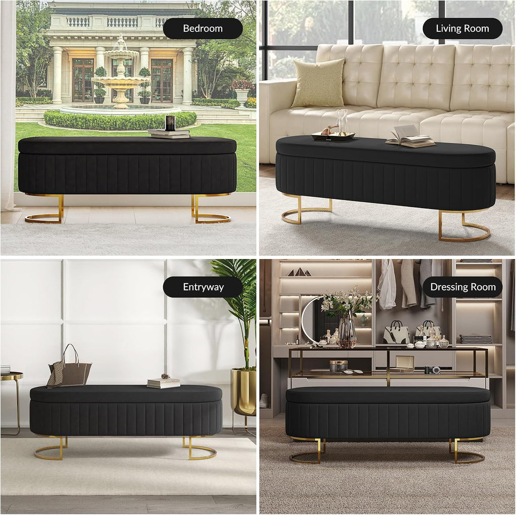 EcoHarbor Living 55.5' Storage Bench Ottoman End of Bed Bench Bedroom Bench, Upholstered Velvet Long Window Bench Large King Size with Gold Legs, Flipping Lid Entryway Footrest (Black)