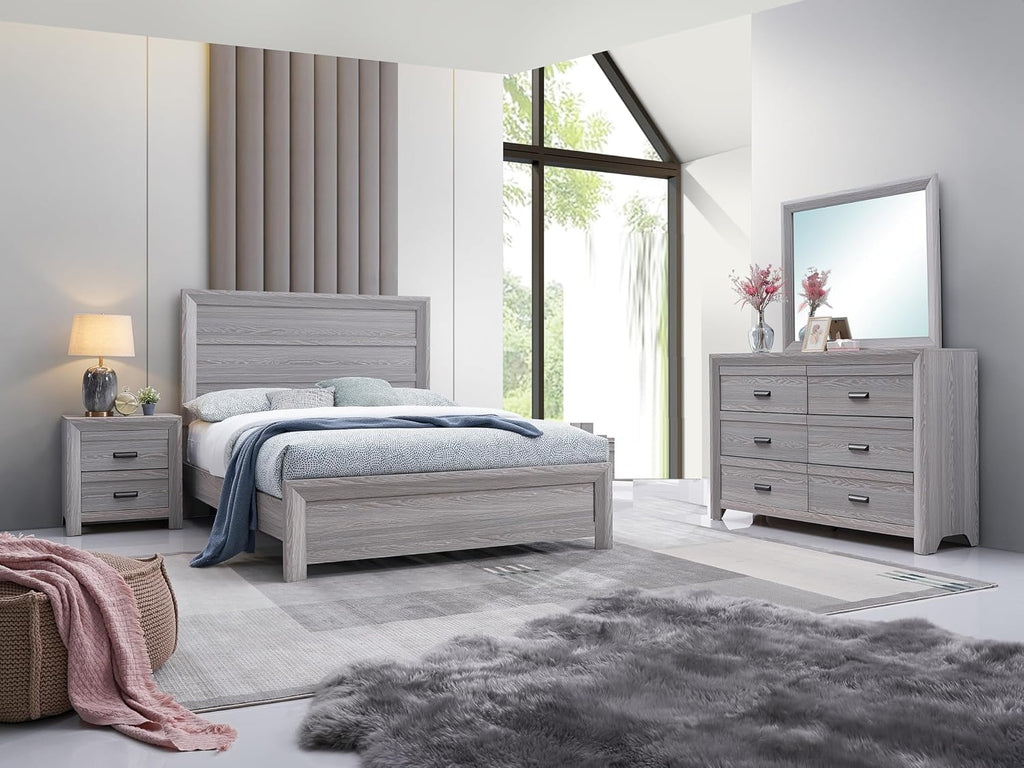 Drift Wood Grey Finish 4pc Full Size Panel Robust Frame Bed Set Wooden Bedroom Furniture Contemporary