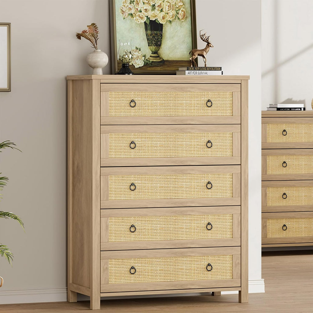 IDEALHOUSE Rattan Dresser for Bedroom with 5 Drawers, 45'' Tall Chest of Large Drawers with Large Clothes Storage Cabinet, Wood Bedroom Dresser, TV Stand for Nursery, Living Room, Enterway
