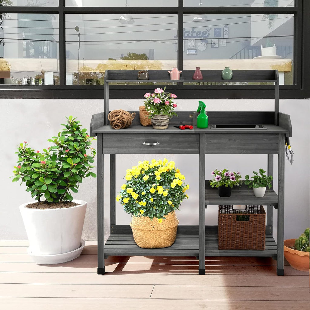TANGZON Garden Potting Table, Wooden Potting Bench with Large Sink, Drawer, Open Shelves & 3 Hooks, Outdoor Gardening Flower Plant Workstation for Patio Balcony Yard Lawn (Grey)