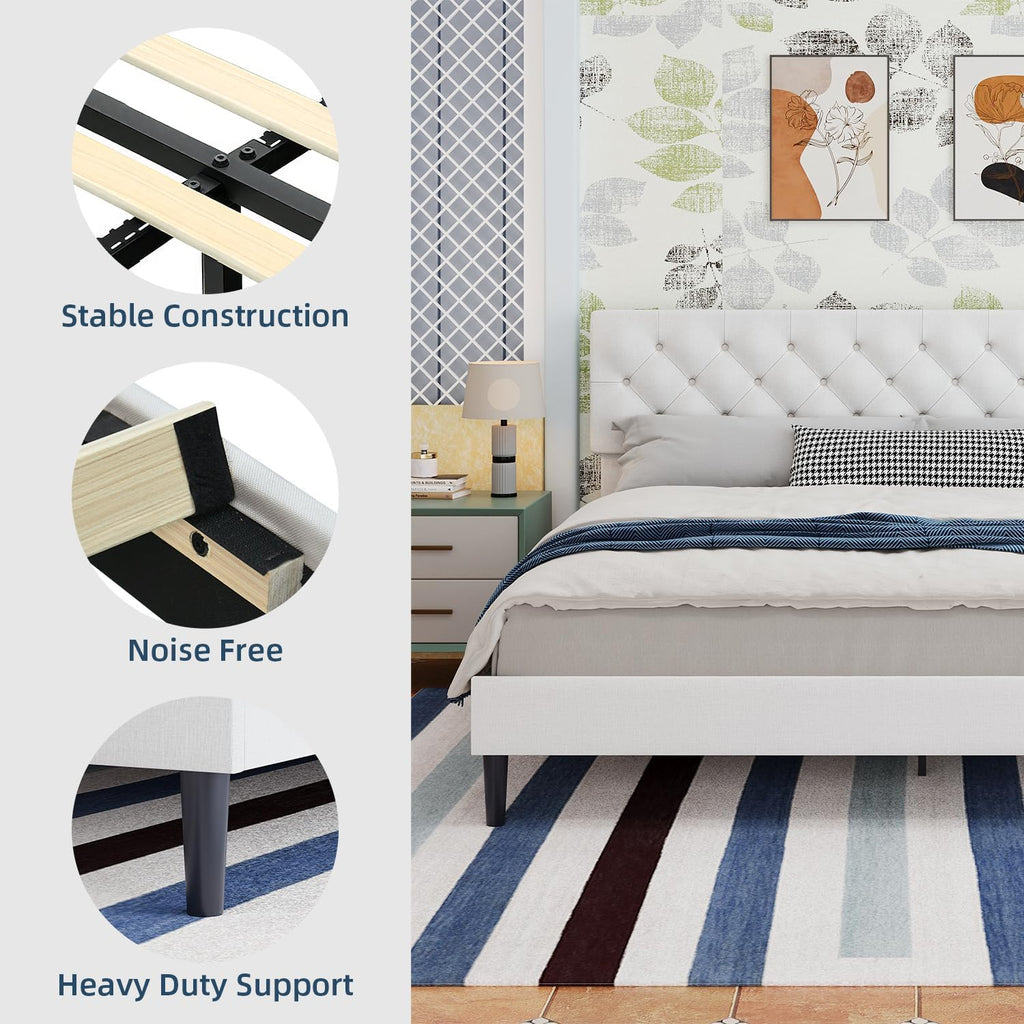 BarnFurin King Size Platform Bed Frame, Fabric Upholstered Bed with Button Tufted Headboard, Adjustable Headboard Design, Easy Assembly, No Box Spring Required, White