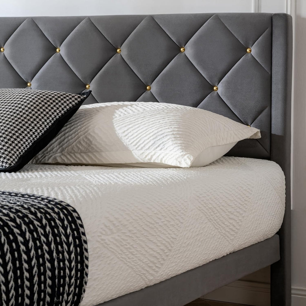 Full Size Platform Bed Frame with Velvet Headboard, Sturdy Wooden Slats Support, Mattress Foundation, No Box Spring Required, Non-Slip and Noise-Free,Easy Assembly, Grey