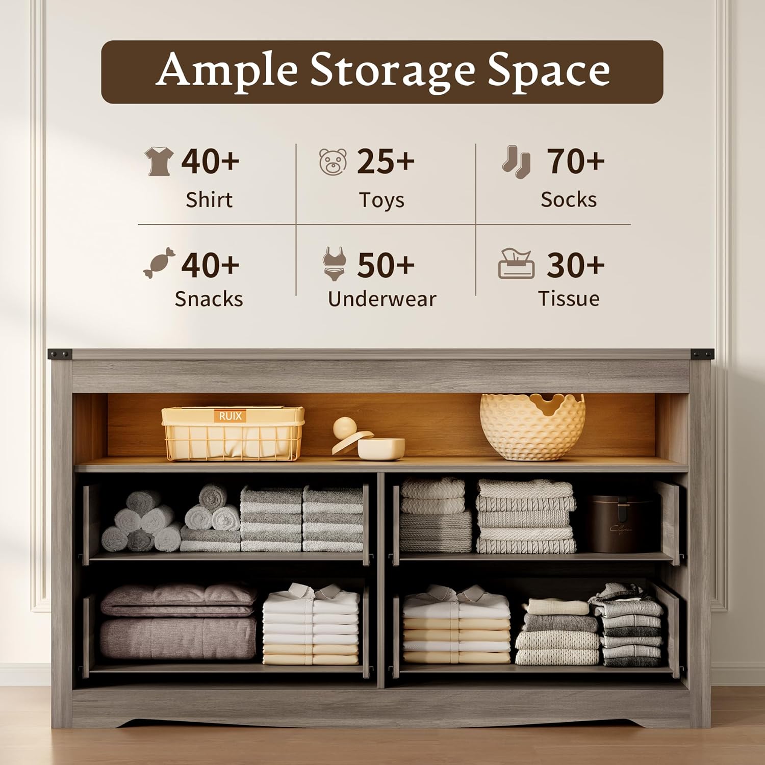 Dresser for Bedroom with 4 Drawers, Farmhouse Chest of Drawers with Natural Texture and LED Lights, Wide Wood Rustic Closet Storage Organizer, Modern Dresser TV Stand for Living Room, Entryway, Grey