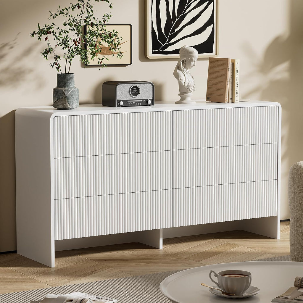 Furniway 55' Wide Modern Dresser for Bedroom, 6 Drawer Chest of Drawers with Curved Design, Push-to-Open Storage Dresser, White