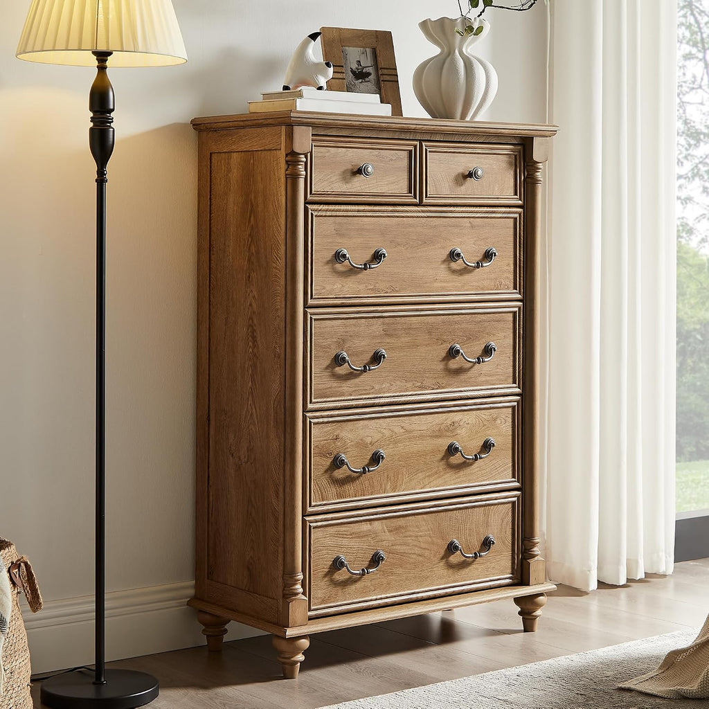 T4TREAM Farmhouse 6 Drawers Dresser Chests for Bedroom w/4 Solid Wood Feet &Column Decor, Tall Wood Rustic Chest of Drawers, Storage Dressers Organizer for Bedroom, Living Room, Light Tree Knot
