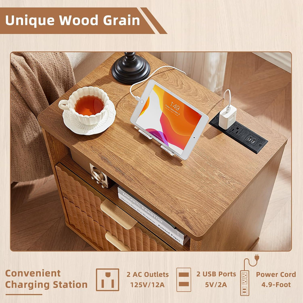LEYAOYAO Fluted Dresser and Nightstand Sets, Wood 48' Wide Dresser & 23' Night Stand with Charging Station, 2 Piece Bedroom Furniture Set, Chest of Drawers for Bedroom, Home, Living Room,Brown