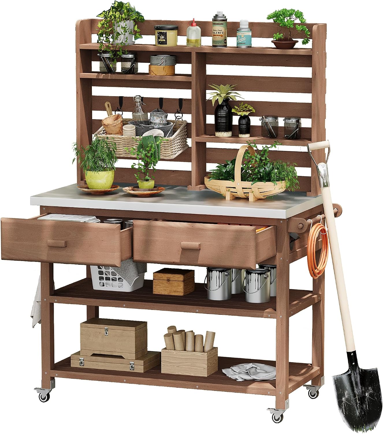 Harper & Bright Designs Outdoor Potting Bench Table, Solid Wood Kitchen Island with Drawer and Shelf, Lawn Garden, 64.9' H, Brown