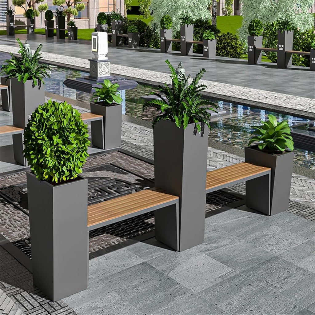 Bench with Planter Box, Outdoor Metals Raised Planter Bench and Garden Bench Combination Set Large Elevated Outdoor Garden Kit Includes 2 Benches and 3 Varying Heights Planter Bench Garden Bench(L 390