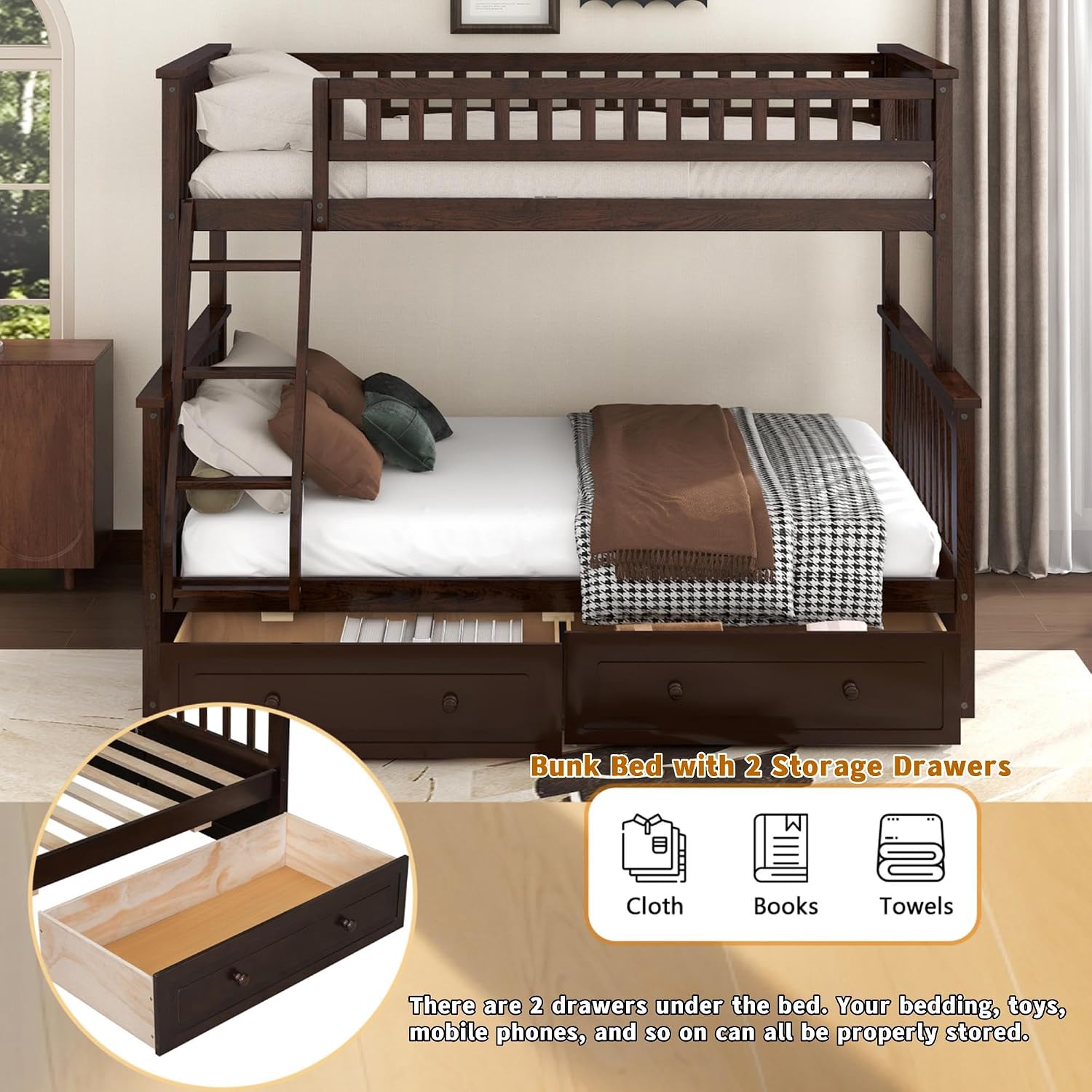 Harper & Bright Designs Convertible Wood Twin Over Full Bunk Bed with 2 Storage Drawers and Ladder - Can Be Divided Into Two Daybeds, Espresso