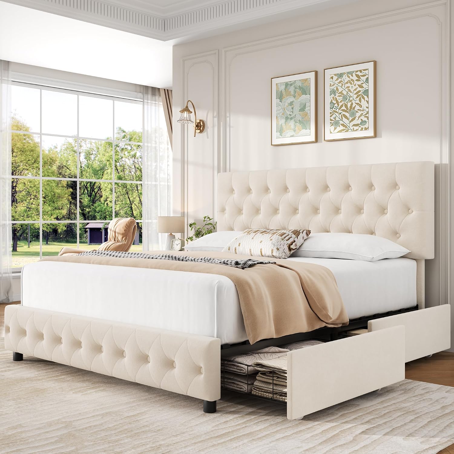 Keyluv Modern Upholstered Bed Frame with 4 Storage Drawers, Button Tufted Headboard Design, Solid Wooden Slat Support, Easy Assembly, Soft Velvet, Beige, King Size