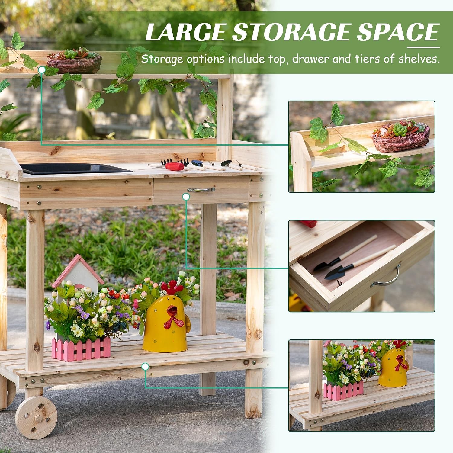 120x60x80cm Durable Portable Potting Bench Workstation, 4-Wheel Casters, Built-in Sink, Side Drawer, Natural Wood Finish, Large Capacity Storage System
