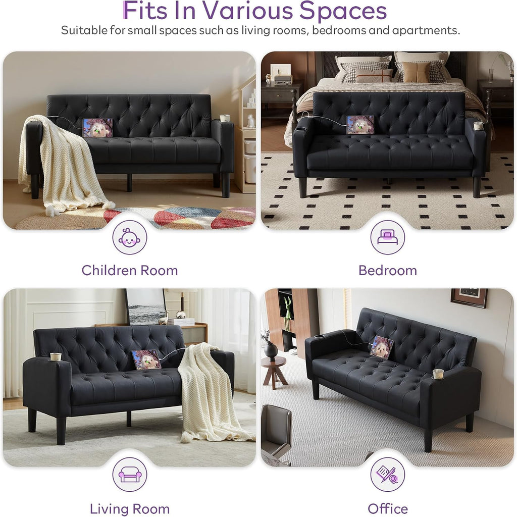 TYBOATLE Mid-Century Modern Tufted Black Faux Leather Loveseat Sofa Set w/ 2 USB & 2 Cupholders, 2 Piece Living Room Furniture Sets, Small Love Seat Couches for Small Space Apartment Bedroom Office