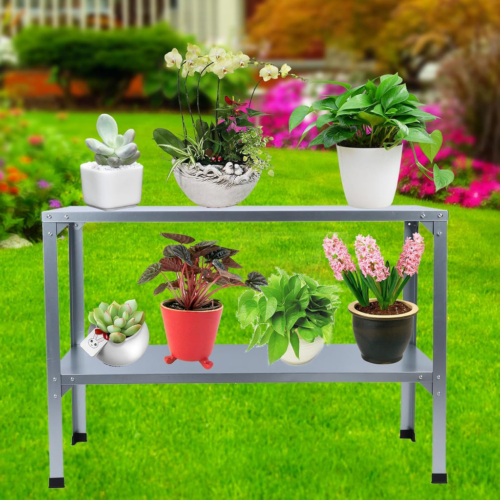 -Duty Galvanized Iron Potting Bench with Double-Tier Shelves – - Indoor/Outdoor Greenhouse Workbench for Gardeners & Plant Lovers