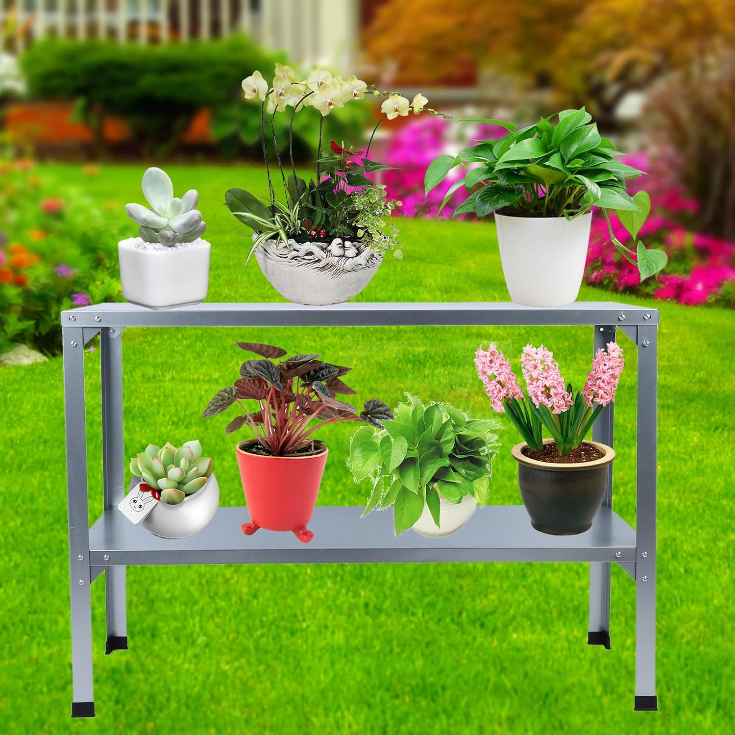 Metal Potting Bench 120KG Load Bearing Galvanized Iron Double Layers Greenhouse Potting Table with Rubber Feet for Indoor Outdoor