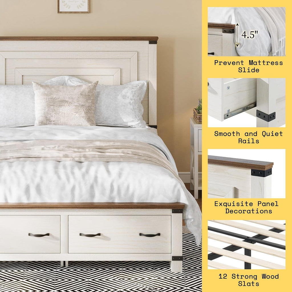 AMERLIFE Farmhouse Bedroom Furniture Set, Includes 2 Nightstands with Charging Station and 1 Full Wood Platform Bed Frame with Storage Drawers, Farmhouse Furniture for Bedroom, Rustic White